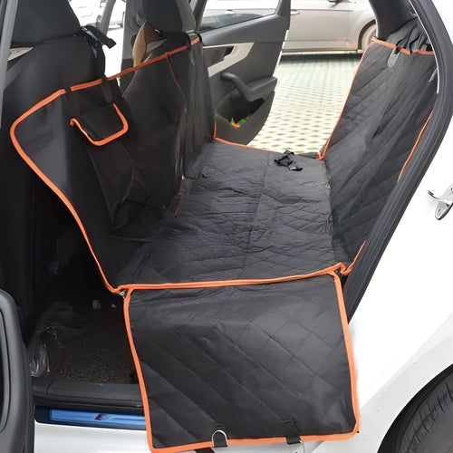Black 600D Oxford cloth pet car seat cover with orange edge on rear bench