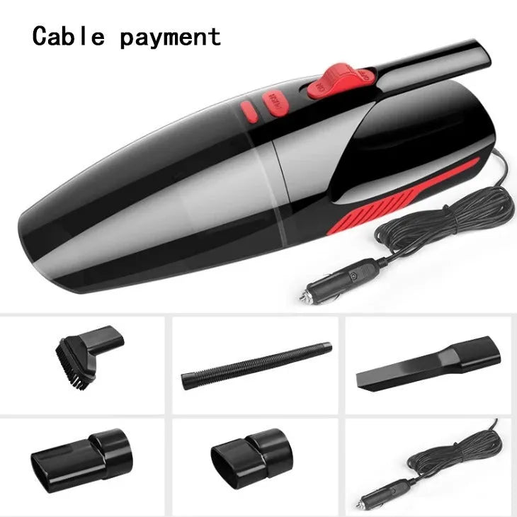 Handheld 120W car vacuum cleaner with brush and long nozzle, black wired model, on car seat