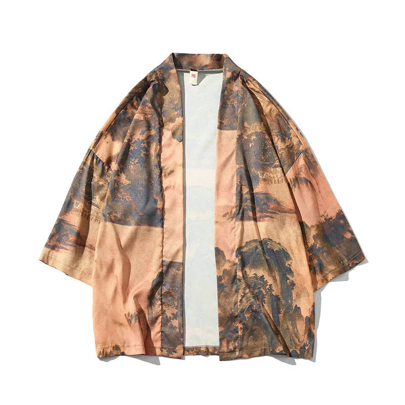 Japanese kimono cropped sleeve cardigan in black shown front view on a model