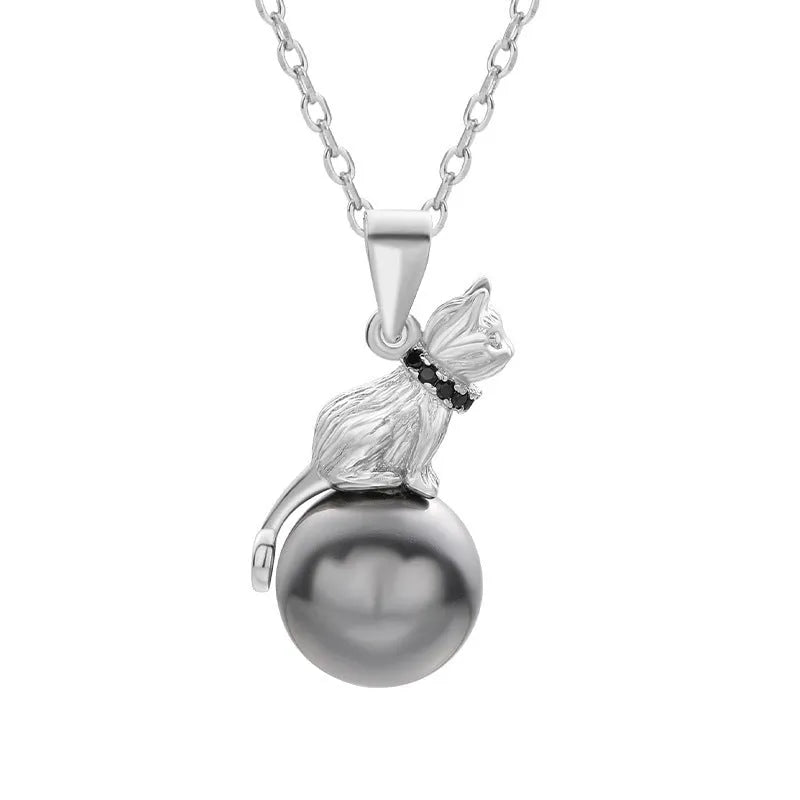 925 sterling silver cat pendant necklace on a chain, elegant style, shown in two colour finishes.