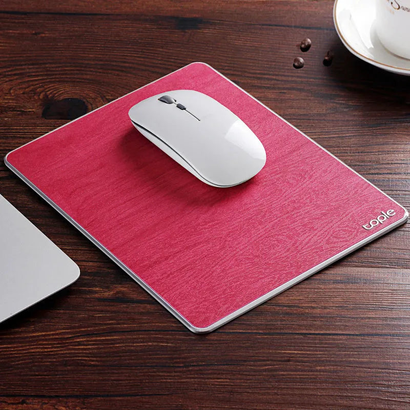 Oversized metal aluminium alloy mouse pad in black with PU leather surface and silicone base, 249x200x3.2mm, CNC chamfered edge