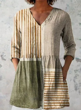Women's printed loose dress with wave pattern, 3/4 sleeves and elastic waistband