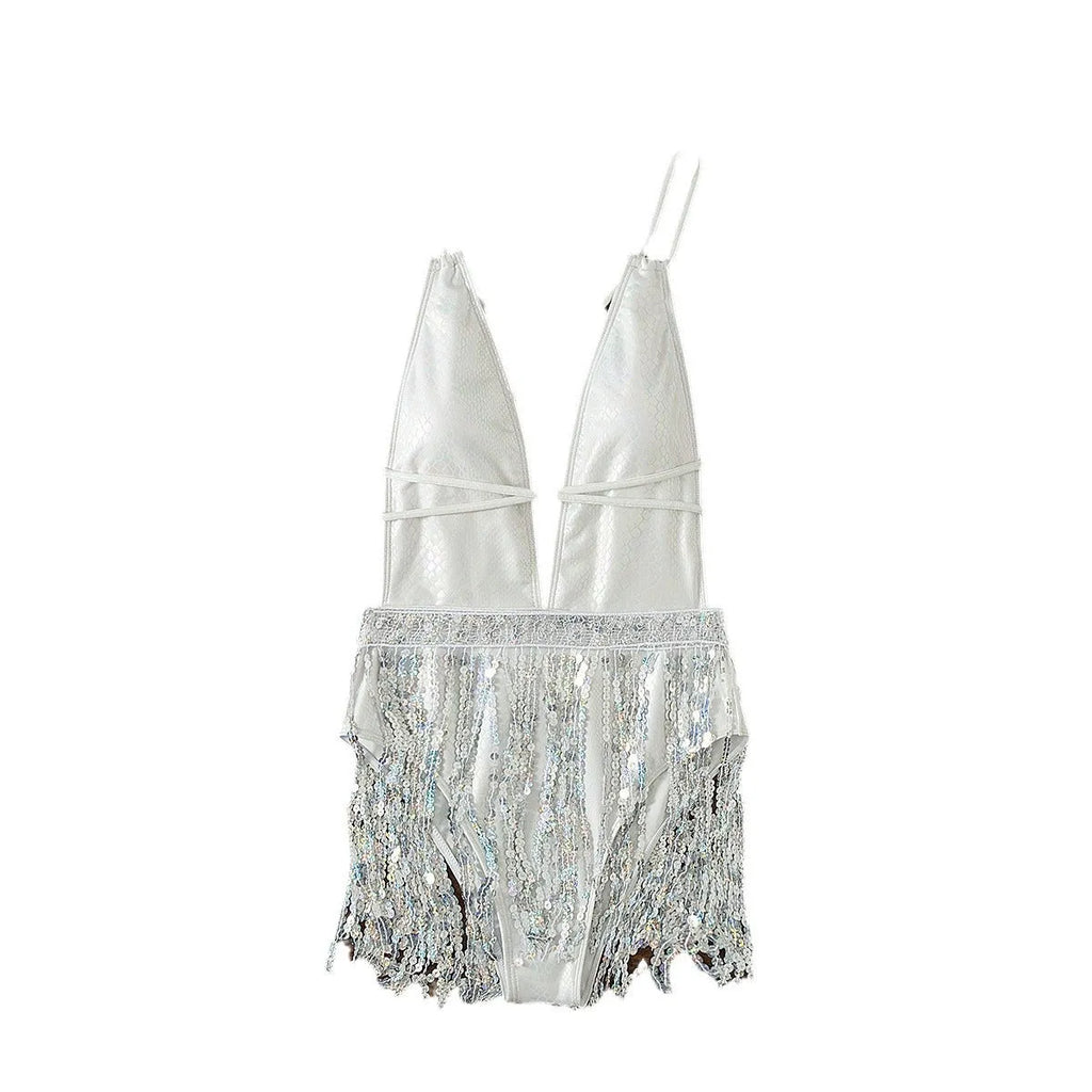 White deep V-neck one-piece swimsuit with tassel detailing and dress-style silhouette