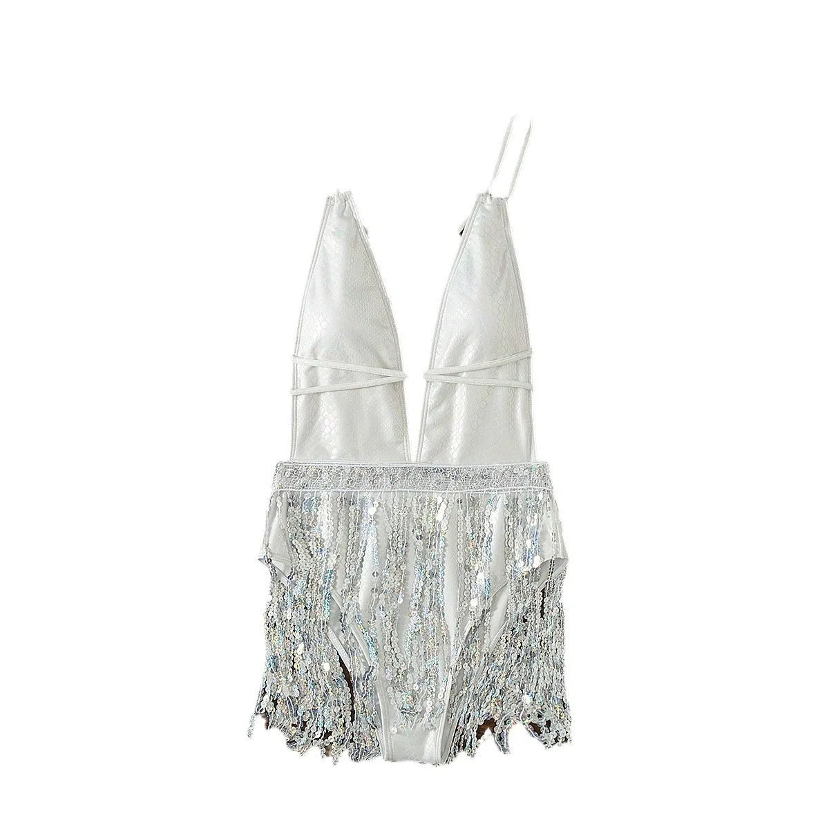 White deep V-neck one-piece swimsuit with tassel detailing and dress-style silhouette