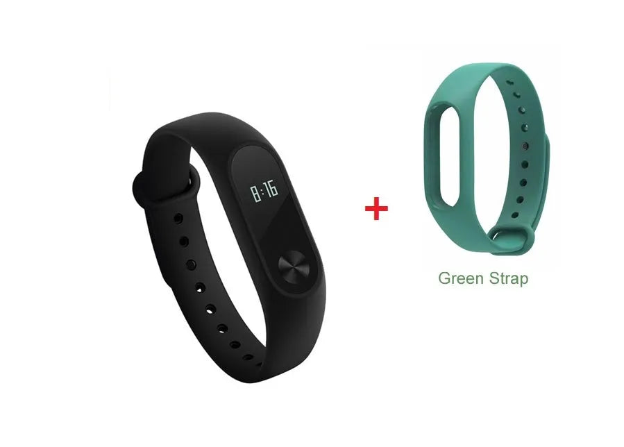 Black Xiaomi Mi Band 2 fitness tracker on wrist showing OLED display with heart rate reading