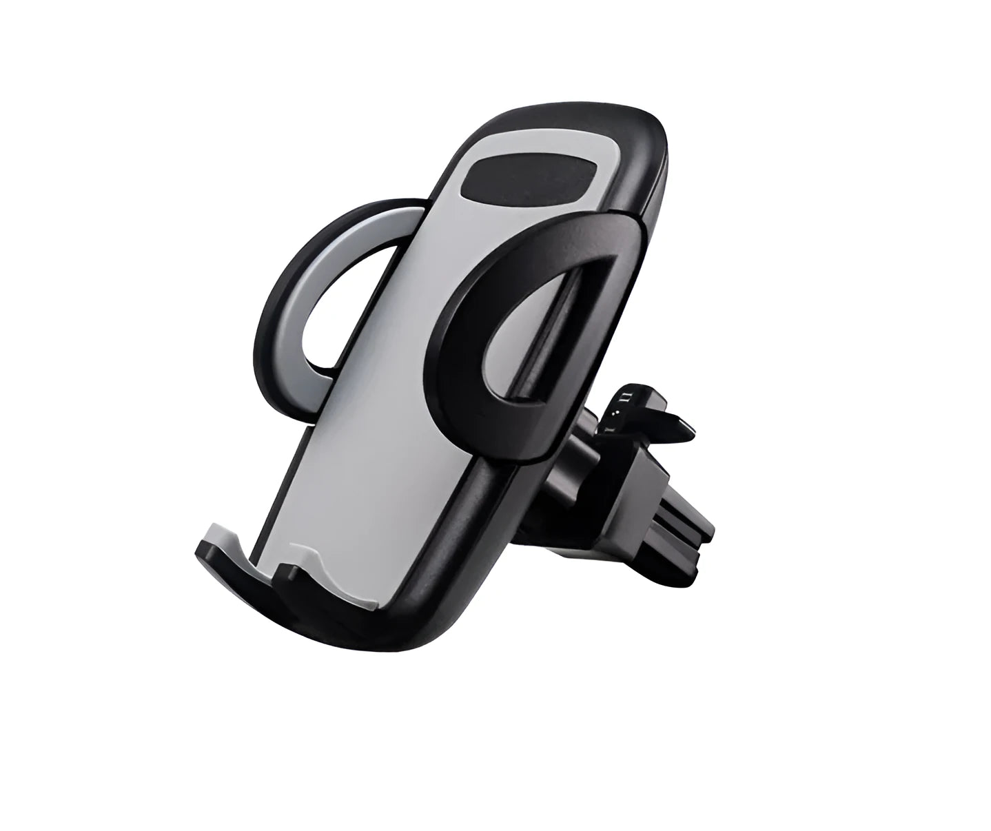 Black universal mobile phone holder attached to a car air conditioning vent.