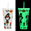 A 720ml cylindrical plastic cup with a luminous straw, shown in various colours for Halloween.