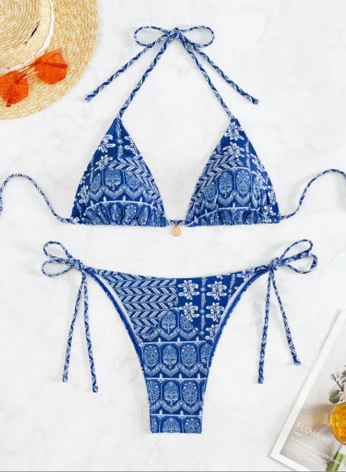 Women's split bikini swimsuit with bandage stitching in polyester material