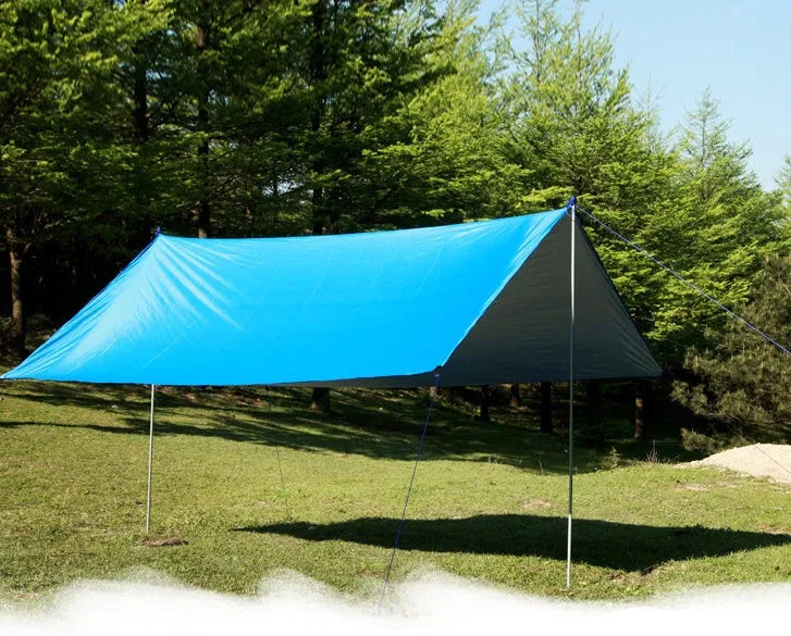 300x300cm awning sun shelter made of waterproof Oxford fabric in army green, set up outdoors with wind ropes