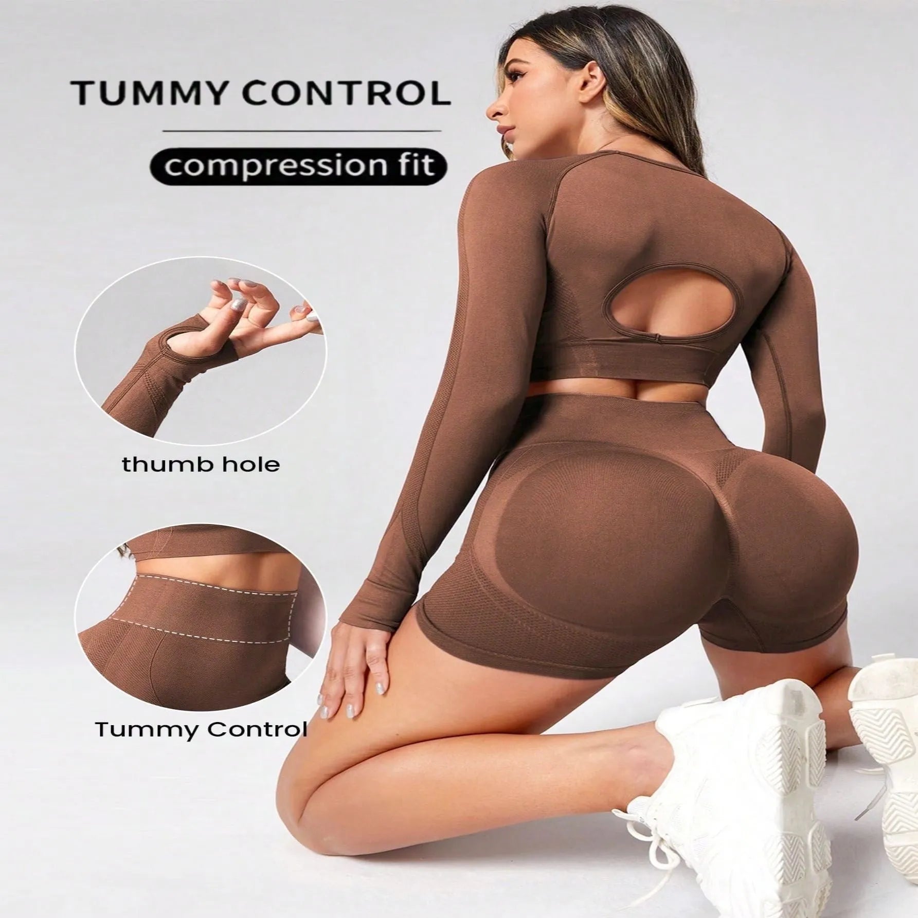 Women's black yoga clothes two-piece set showing long sleeve top and high-waist tight pants.