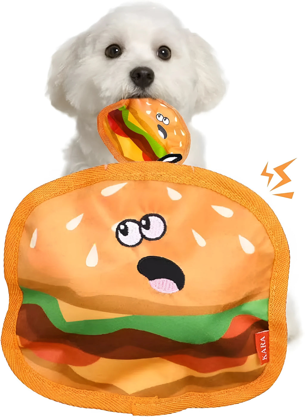 Hamburger shaped crinkle and squeak dog toy with no stuffing for safe interactive play