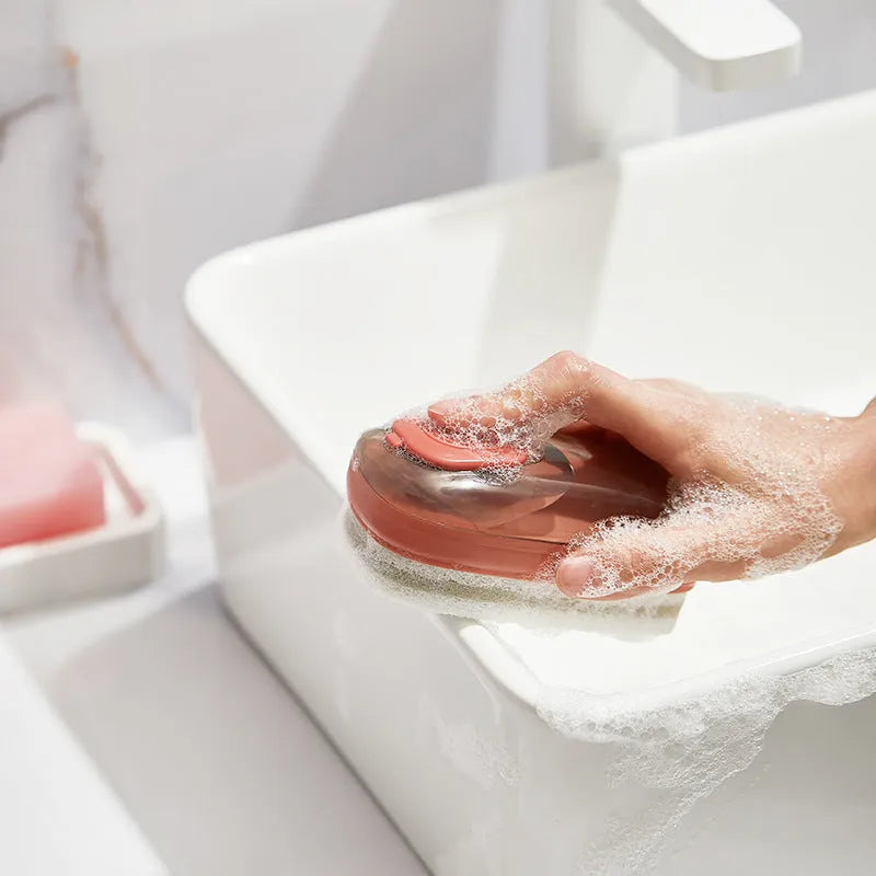 Automatic liquid cleaning brush for shoes and laundry with ergonomic grip in blue, green or red colour