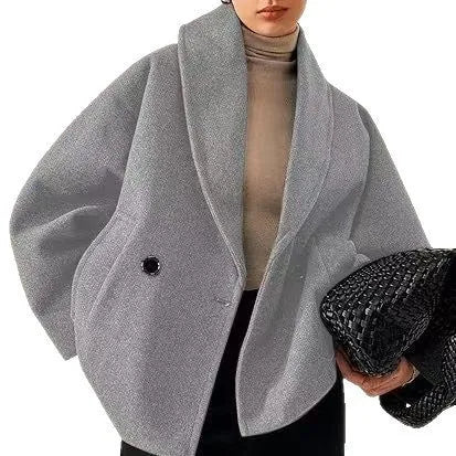 Double-breasted stand collar batwing sleeve polyester coat in solid colour for petite women