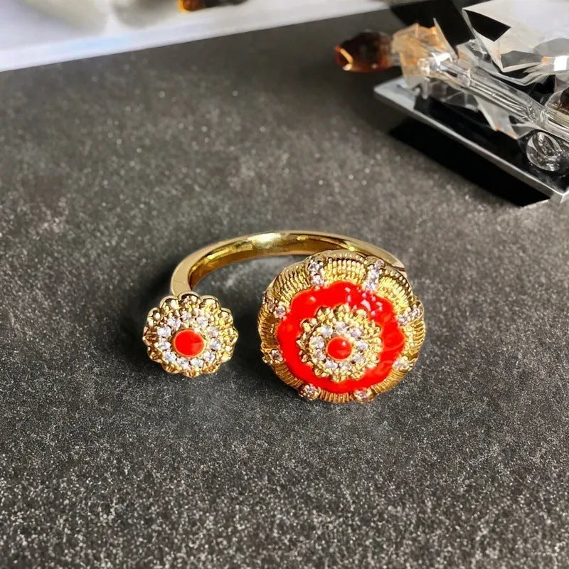 Adjustable copper ring with vintage oil dripping gourd design, zircon inlay, and floral bow shapes in New Chinese style.
