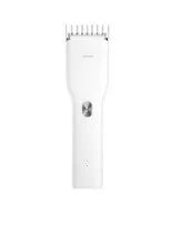 Black cordless electric hair clipper with adjustable length comb and ceramic cutter head on a white background