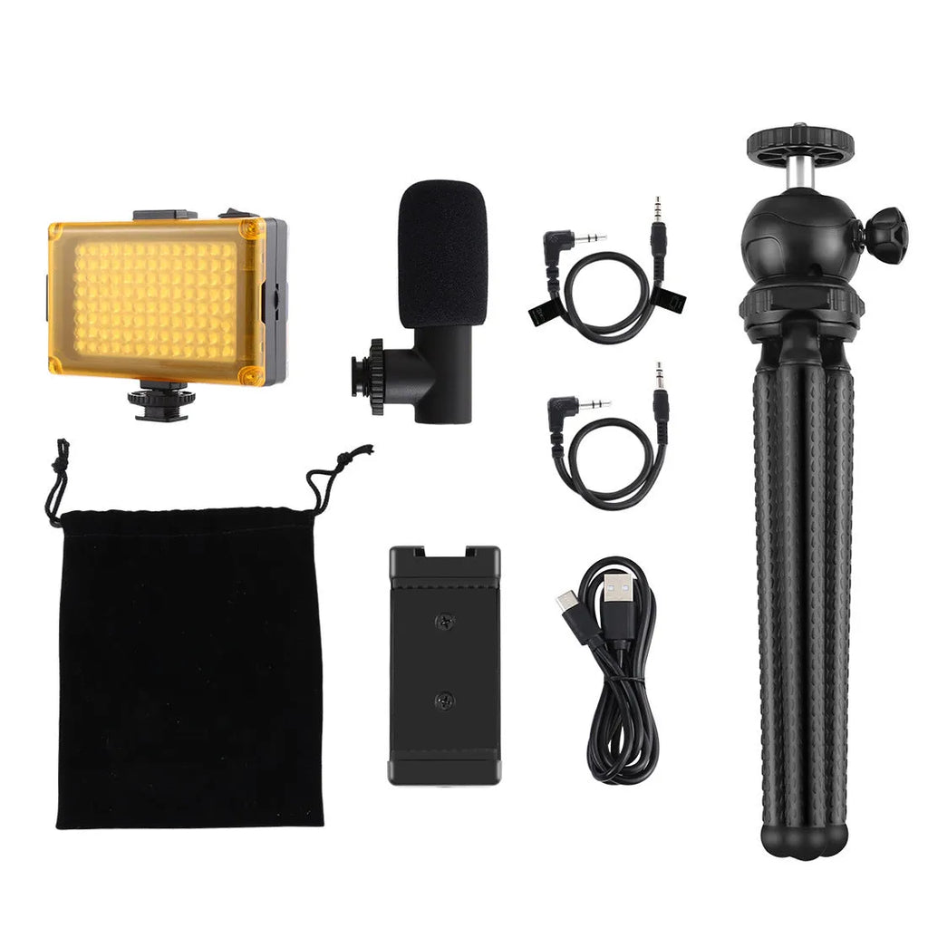 Black octopus tripod with flexible legs and a fill light microphone, shown mounted on a post.