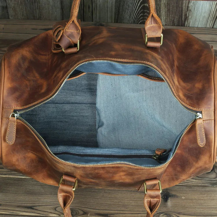 Men's crazy horse leather travel bag brown coffee 50cm length 25cm height