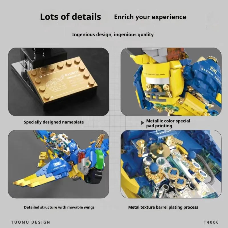 Steampunk macaw building block model in colour box packaging, 27cm size