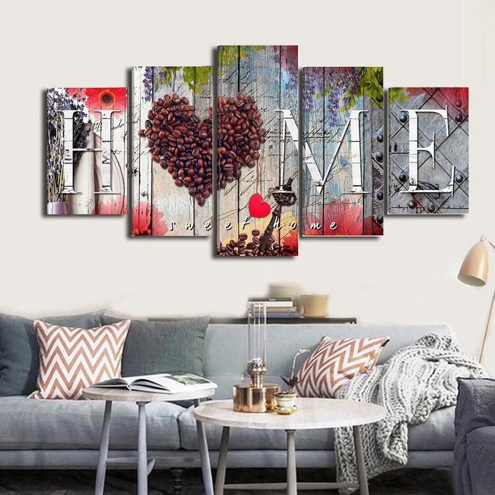 Set of five red oil painting decoration boards in progressive sizes on wall display