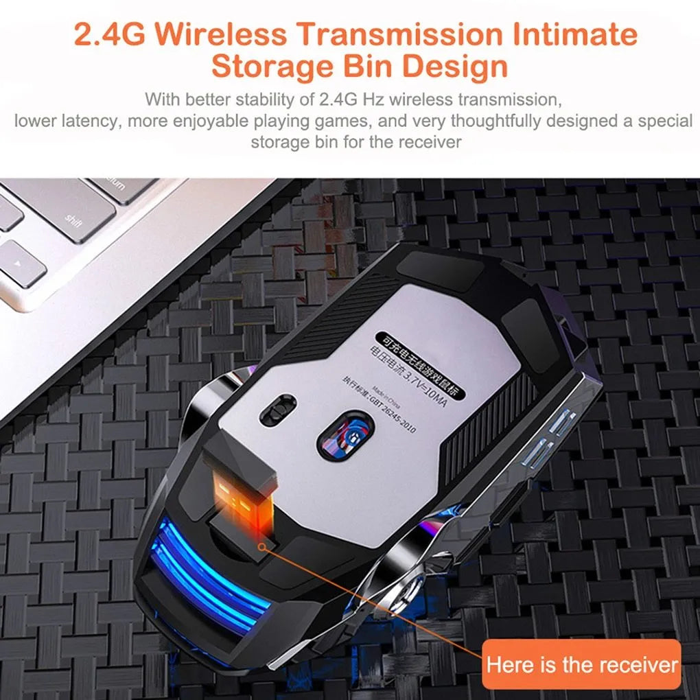 Silver Eagle A7 silent rechargeable wireless mouse in black frosted finish with seven-colour backlight on a desk