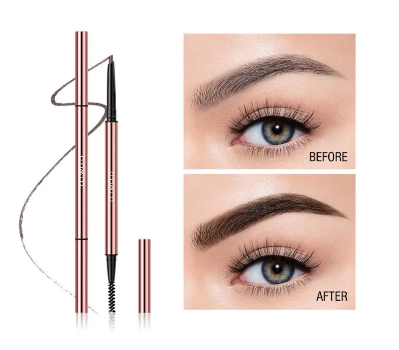 Slim brow makeup pencil in colour box with six shade options: Auburn, Blonde, Caramel, Dark Brown, Soft Brown, Taupe.