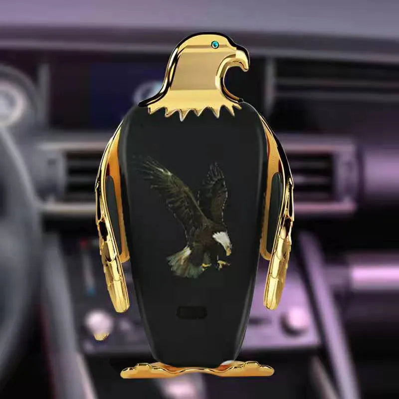 Wireless charging car phone holder with suction cup mount in black and gold colours