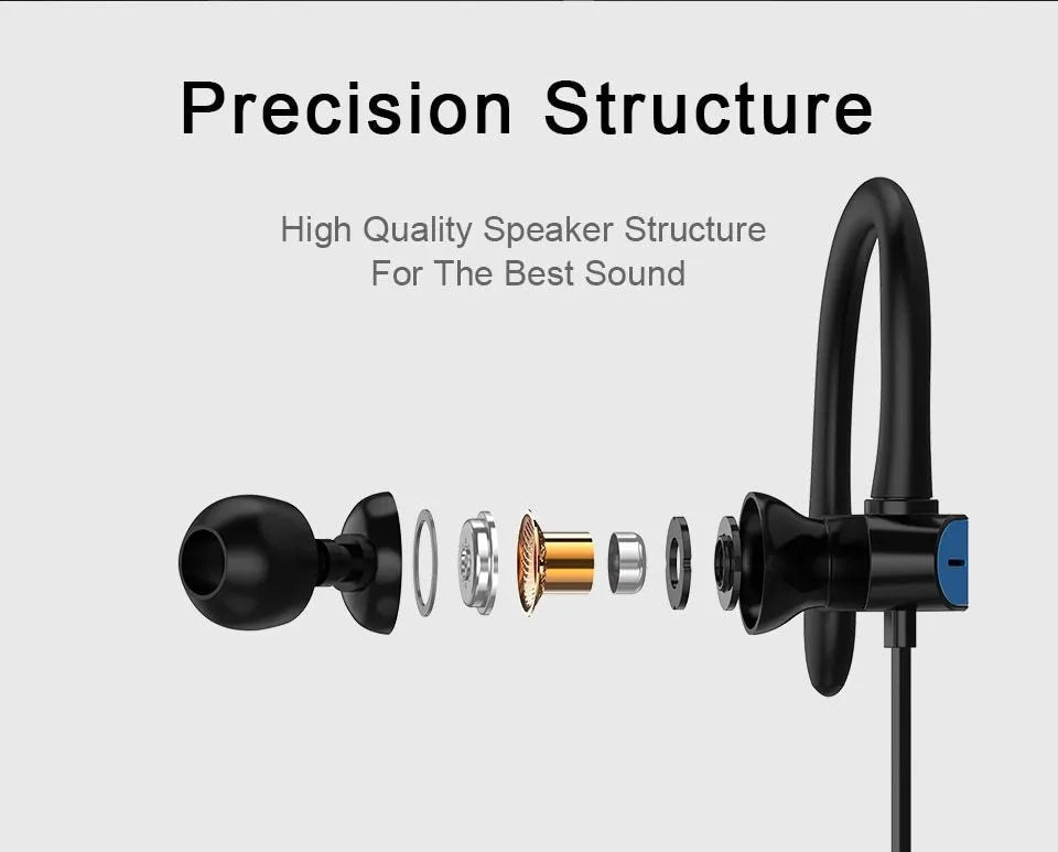 Sport running ear hook earbuds with microphone in black blue colour, showing flexible over-ear hook design.