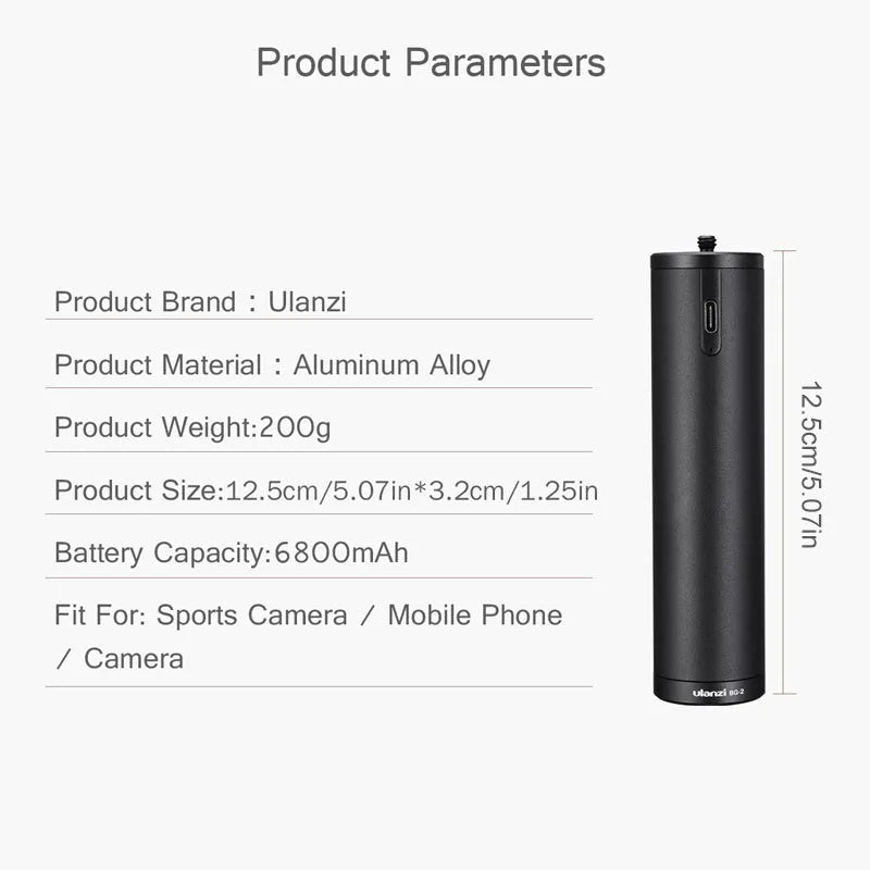 Black aluminium alloy handle-shaped power bank with 6800mAh capacity, shown next to a mobile phone.