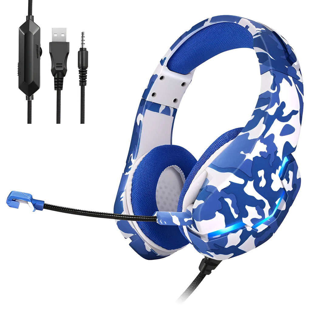 Wired gaming headset with camouflage design cloth earmuffs and braided cable