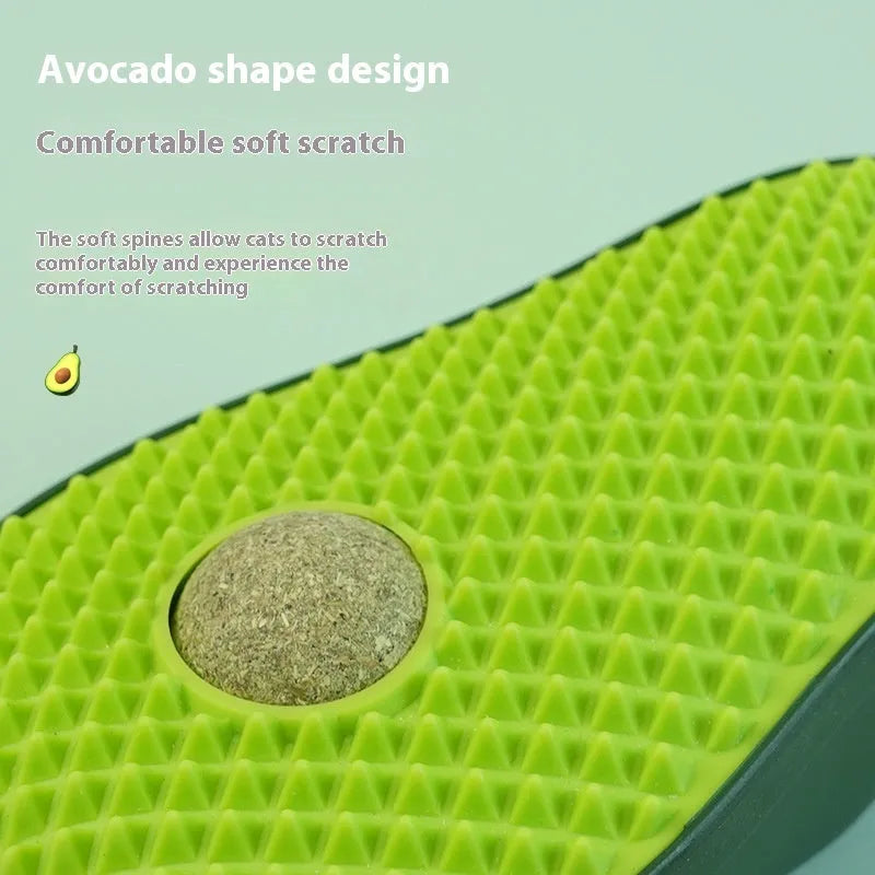 Avocado petting post cat scratch toy in green, 13.5x8.5x6cm, made of ABS and TPR materials.