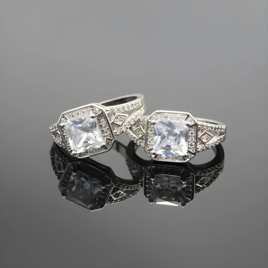 Women's geometric zircon ring with hollow design and platinum colour finish showing quadrilateral decorative elements