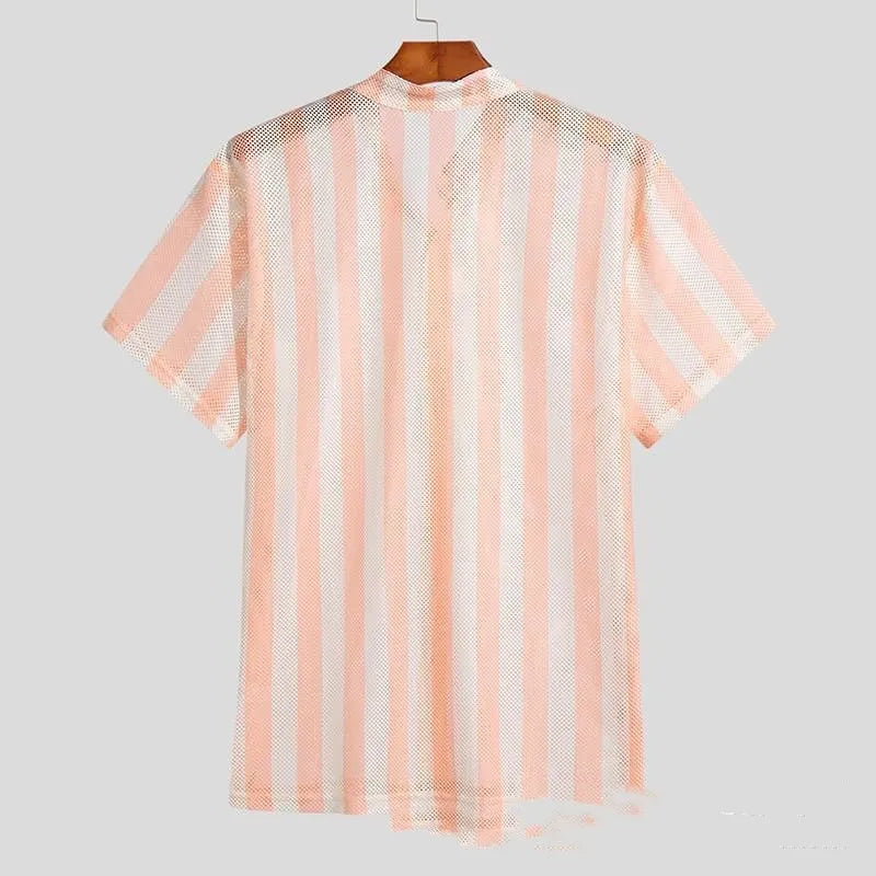 Pink men's loose-fit waffle texture cardigan shirt with short sleeves on a hanger