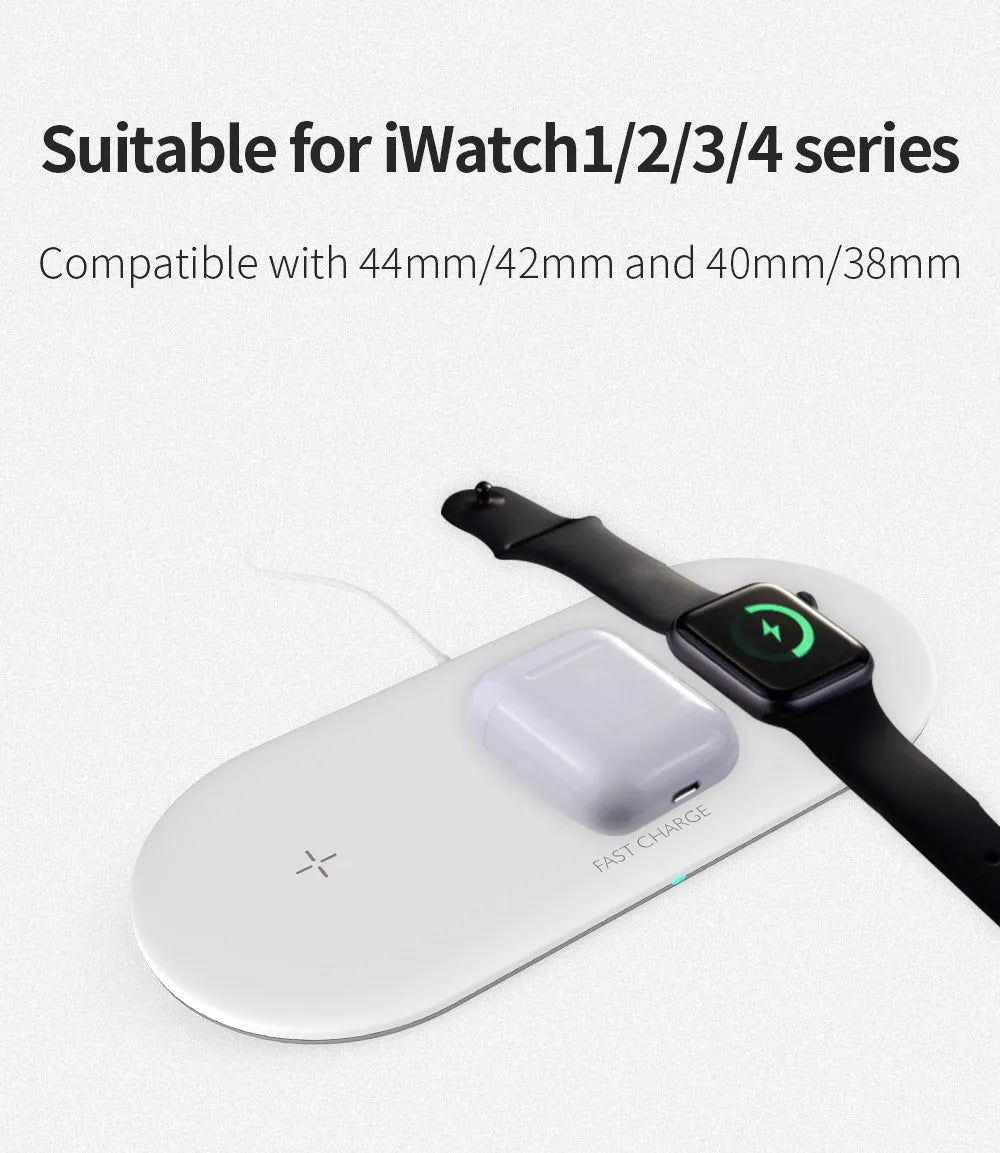 Black three-in-one desktop wireless charging station for iPhone, Apple Watch and wireless headphones.