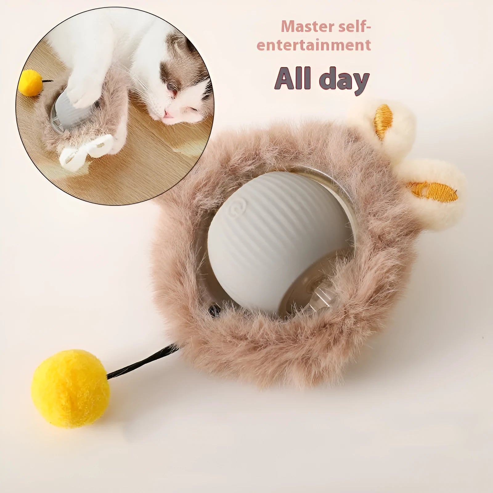 Silicone cat rolling ball toy in green, grey, red, and pink plush designs with optional rope attachment