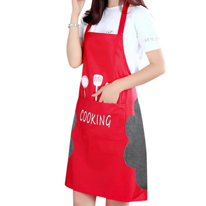 Korean style waterproof kitchen apron with coral velvet backing in 71cm by 72cm size