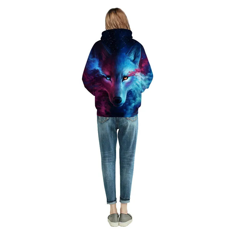 Mr 1991INC space galaxy sweatshirt with wolf print on front, available in sizes S to 5XL for men and women