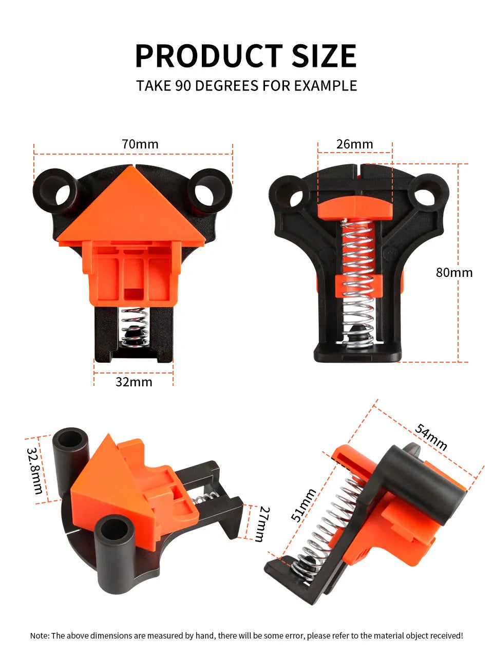 Set of plastic 90-degree right angle clips for picture frame assembly using woodworking clamps