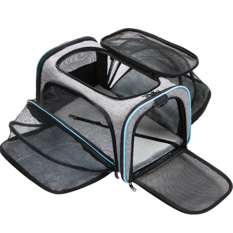 A cat carrier bag made from 600D cation fabric in a solid colour, shown in small and large size options.
