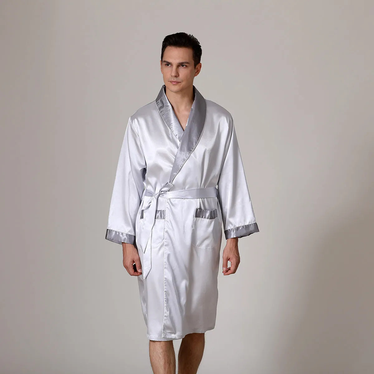Men's lightweight summer silk bathrobe in rayon blend fabric showing colour pattern options