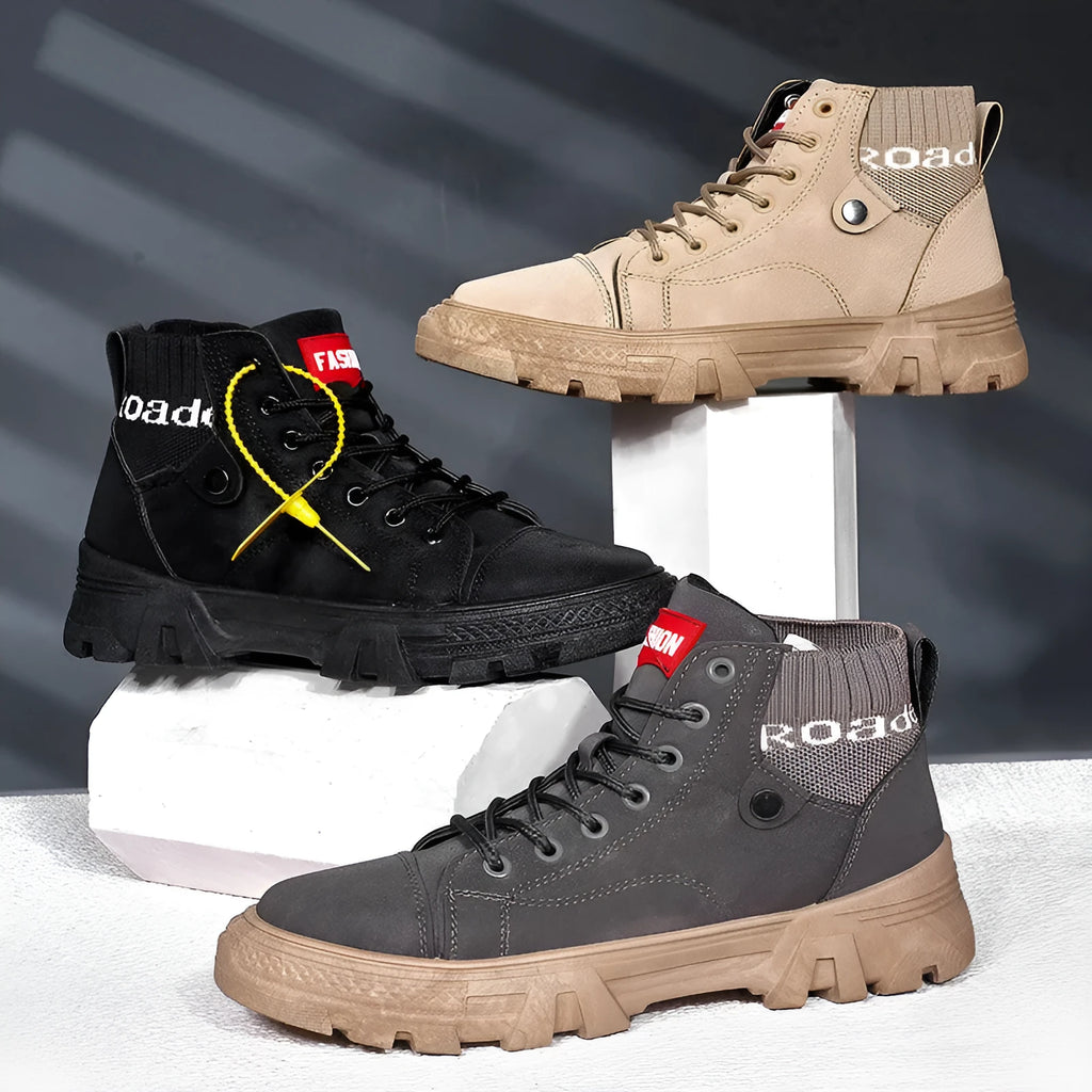 Men's high top Martin boots with frosted leather upper and front tie lacing in black