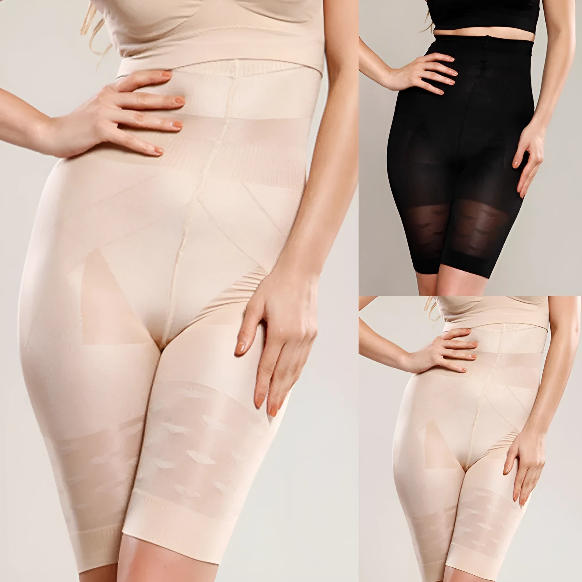 Women's black seamless high-waist shapewear short laying flat.