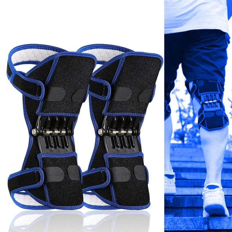Adjustable spring knee brace patella booster in black colour with breathable fabric and venting holes
