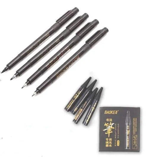 Set of 4 Japanese calligraphy felt tip pens with refill cartridges, black ink, for brush lettering and art drawing