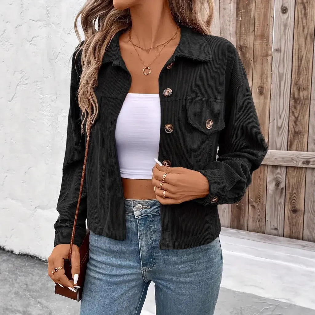 Women's loose fit retro artistic polyester shirt coat in brown, long sleeves, button front
