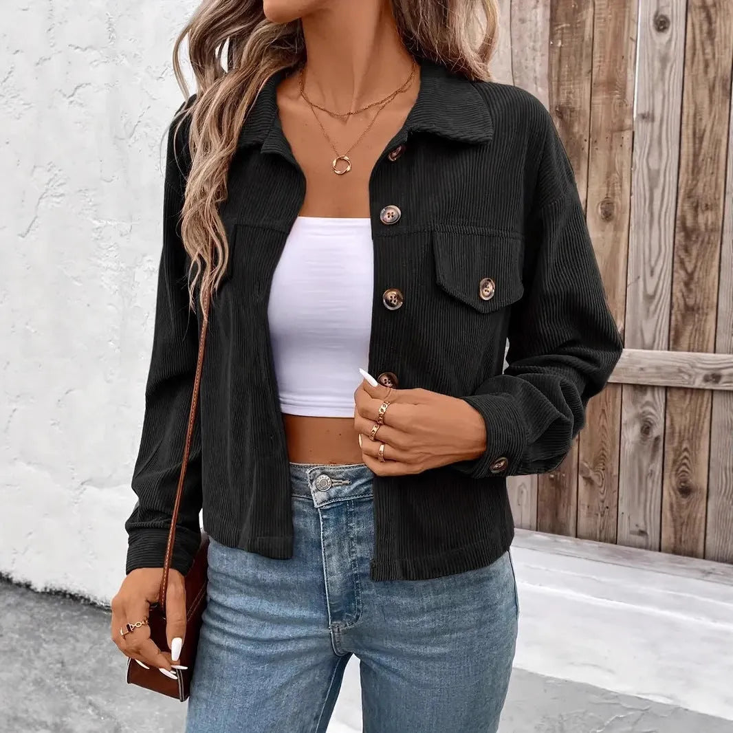 Women's loose fit retro artistic polyester shirt coat in brown, long sleeves, button front
