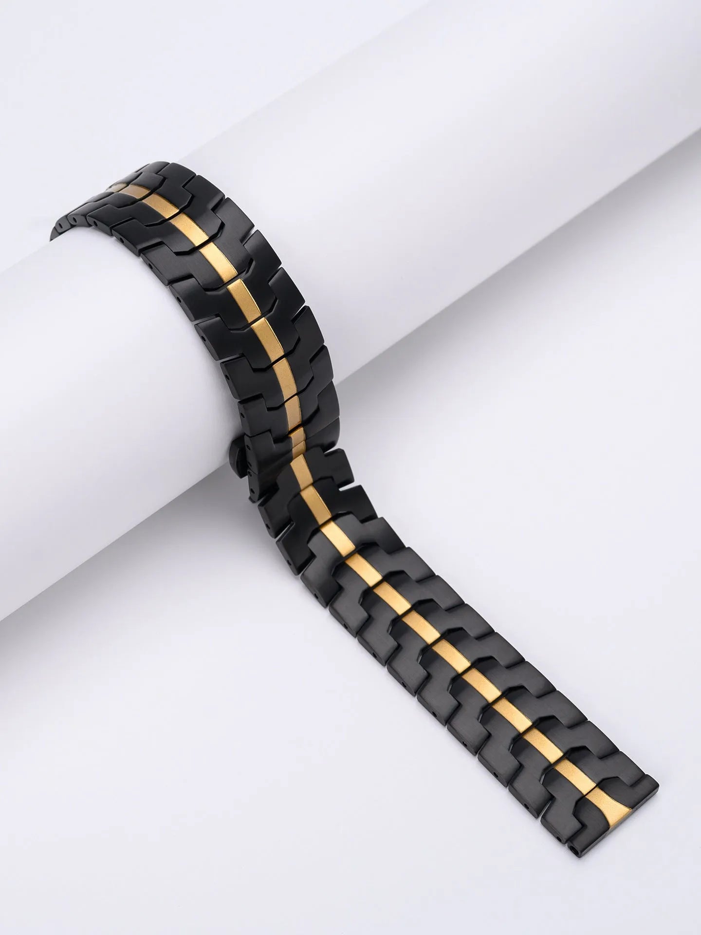 Stainless steel watch band for Samsung Galaxy Watch showing silver and black colour options