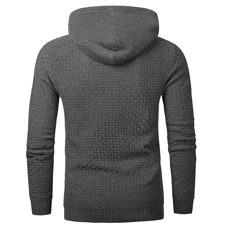 Men's black cotton-polyester blend hooded sweatshirt on a hanger, showcasing the front hood and kangaroo pocket.