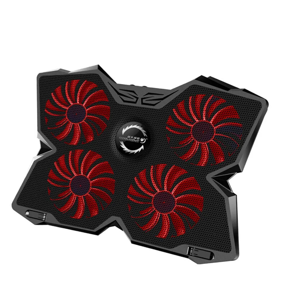 Blue laptop cooling base with four illuminated fans and manual speed controls