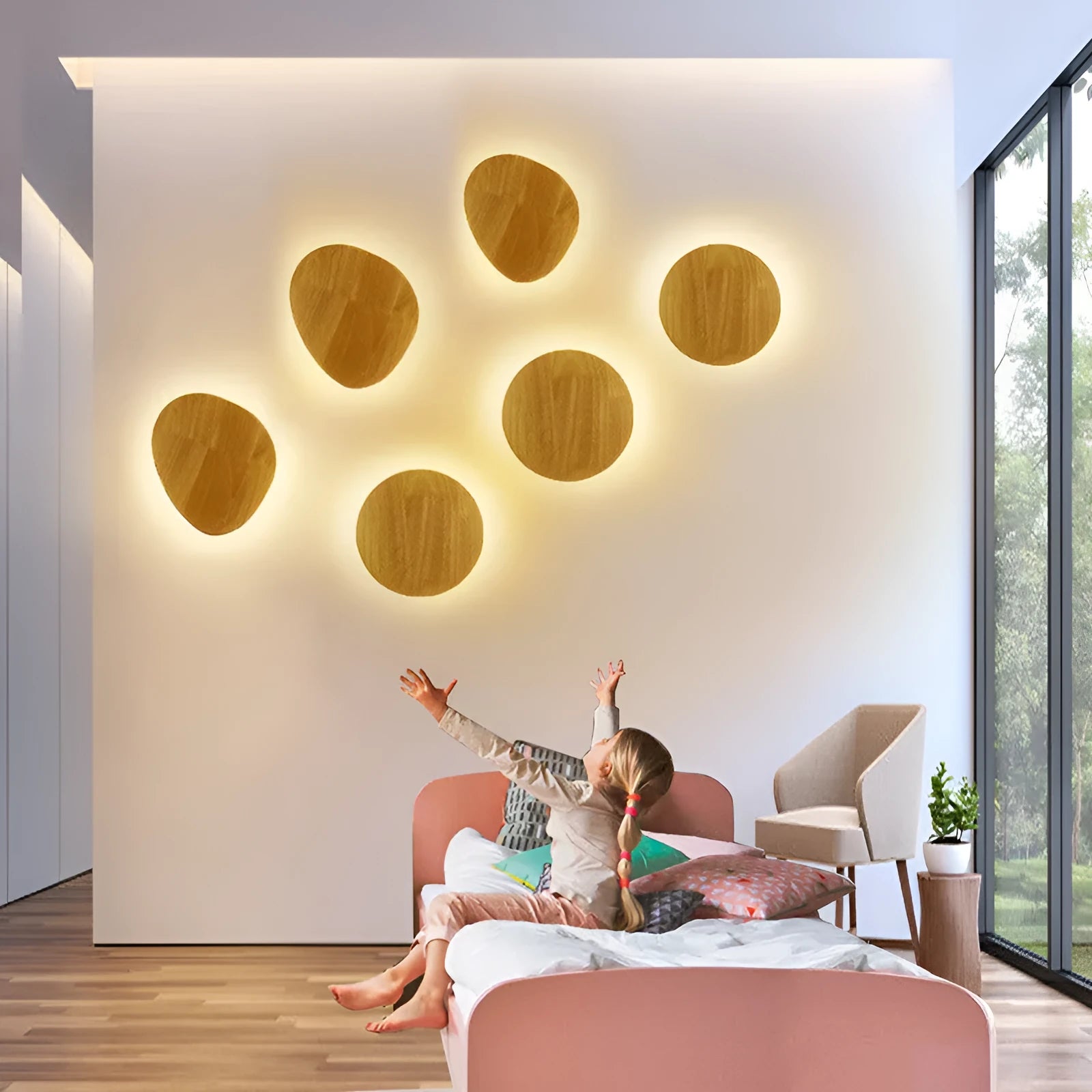 Log Art wood LED wall lamp with oval shape and warm light on a white wall