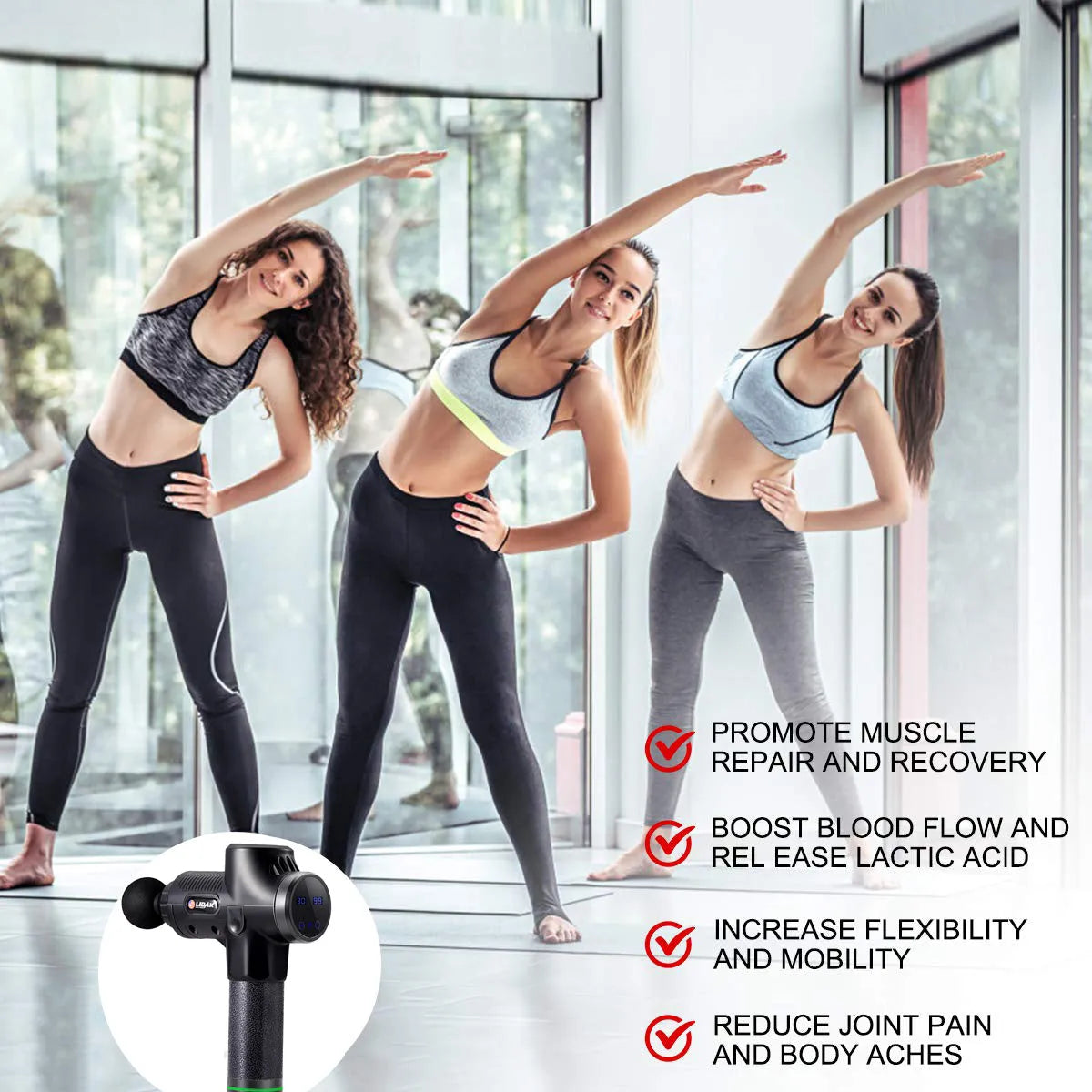 Fascia massage gun with 30-speed settings, 24V brushless motor, and six massage heads in black colour